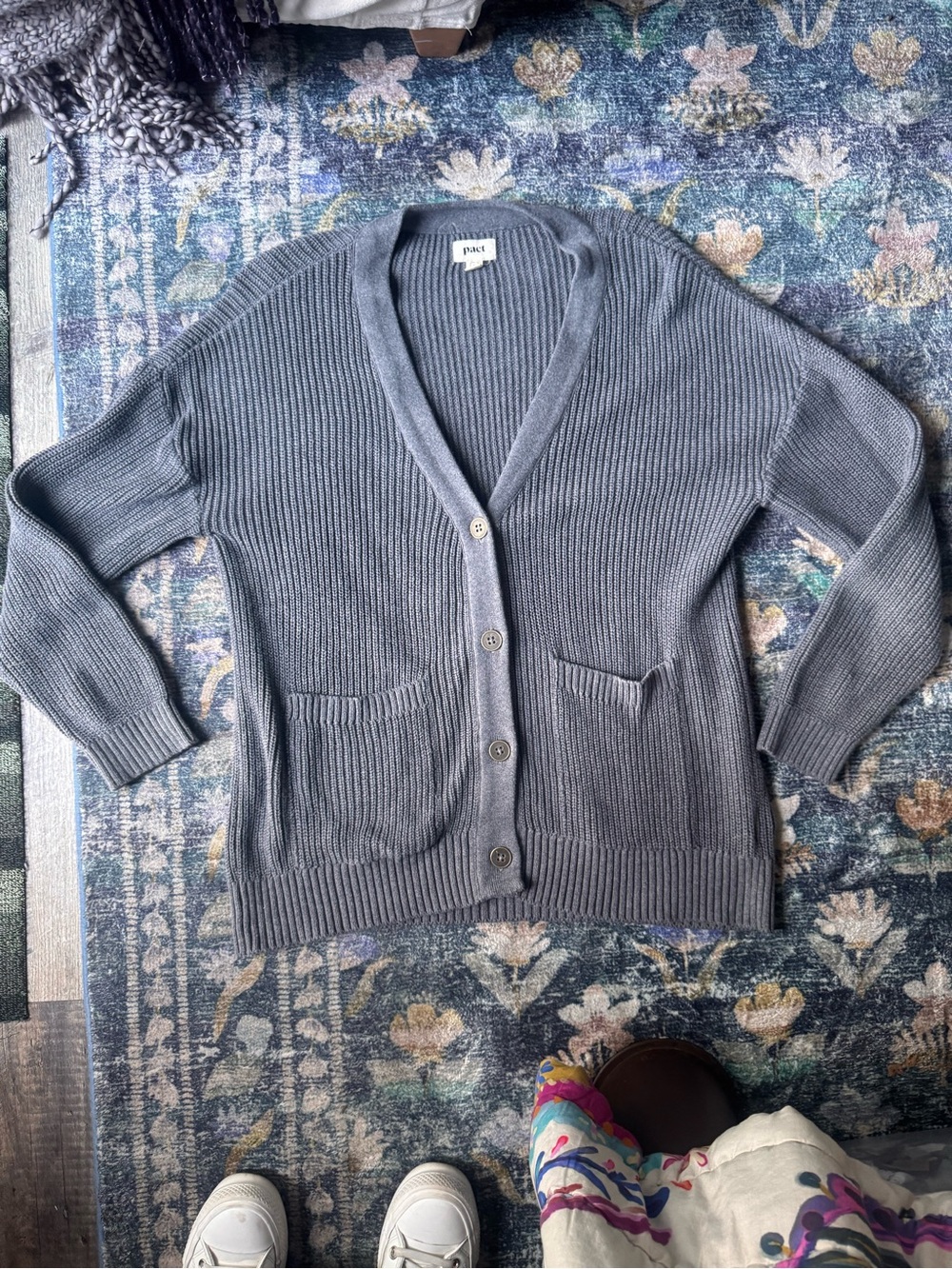 Pact Organic Cotton Gray Ribbed V-Neck Button Cardigan Sweater
